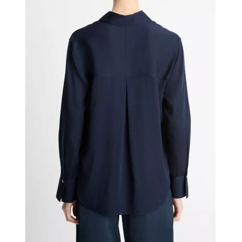 NWT Vince Stretch-Silk Button-Front Blouse in Costal Blue - Picture 4 of 7